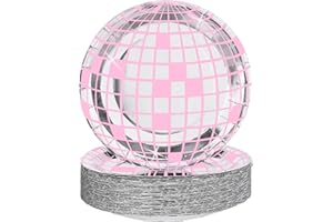 FunisFun Disco Plates 50P Disposable Disco Ball Plates for 70s Disco Party Decorations Wedding Birthday Bachelorette Party 7" Pink