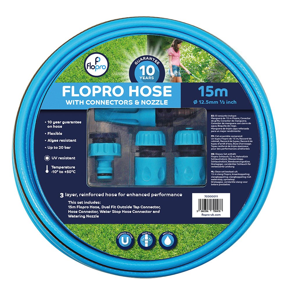 Flopro Garden Hose Pipe with Connectors and Nozzle, 15 m (49 ft)