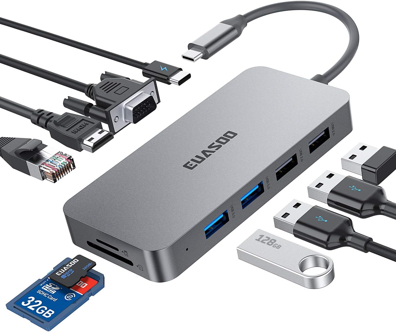 USB C Hub,Type C Hub,EUASOO 10 in 1 Adapter with 1Gbps Ethernet,4K USB C to HDMI,VGA,Power Delivery Charging Port,2 USB3.0,2 USB2.0,SD/TF Card Reader for MacBook Pro,Chromebook,Other Type C Laptops: Computers & Accessories