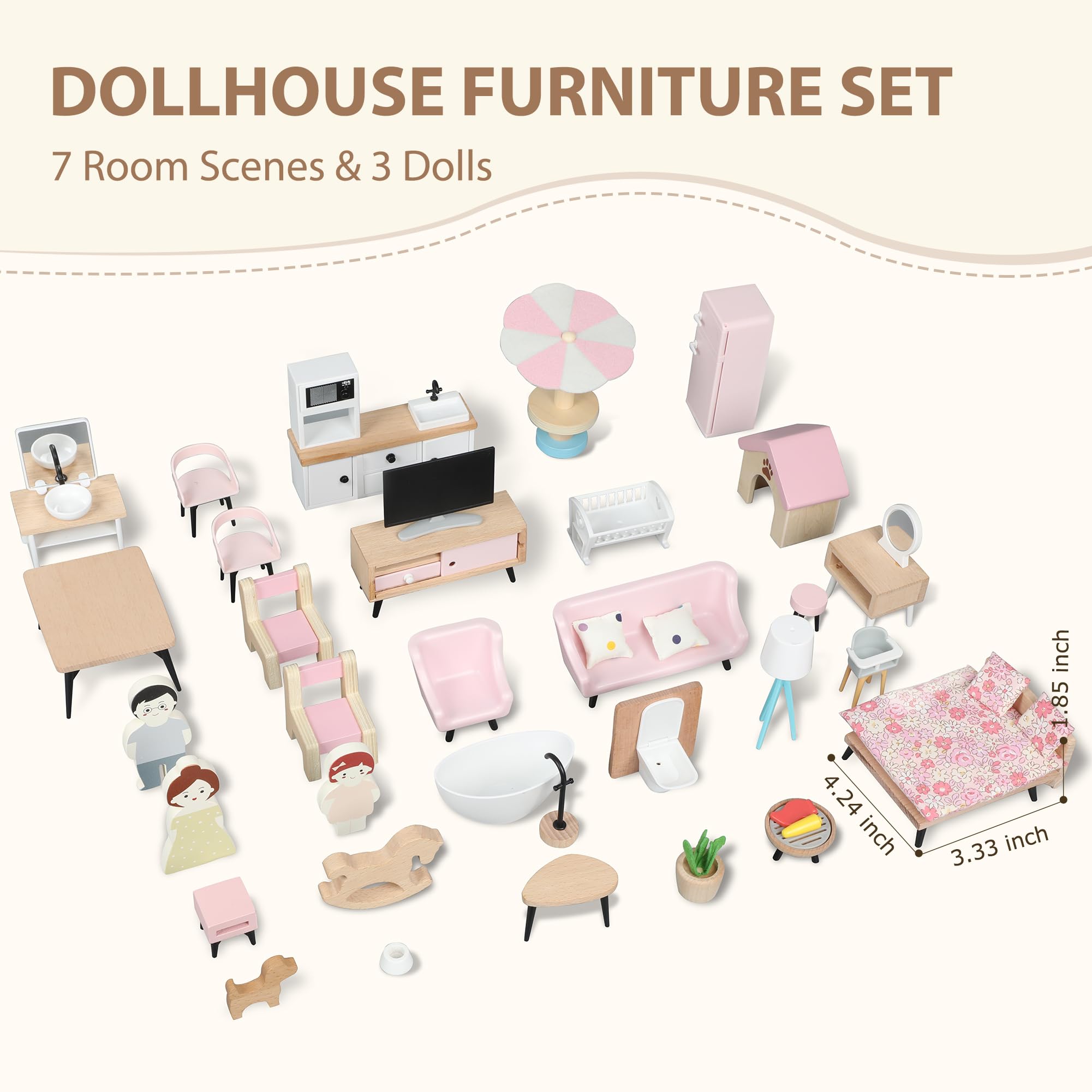 Pithfor Wooden Dollhouse Furniture Set, Dollhouse Accessories and Furniture, with 7 Rooms 3 Dolls, Includes Patio Set & Dog Set, Doll House Furniture Toys Gift for Kids Boys Girls