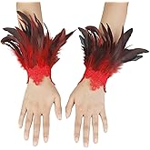JEGERMIG Black Lace Feather Gloves Cuffs for Women Cosplay Costume Accessories with Swan Wrist Bands