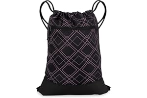 GOMOYO Drawstring Gym Bag for Women | Durable Lightweight Gym Cinch Backpack with Graphic Designs | Great for Working Out, Travel, and Overnights | Black/Rose - Geometric