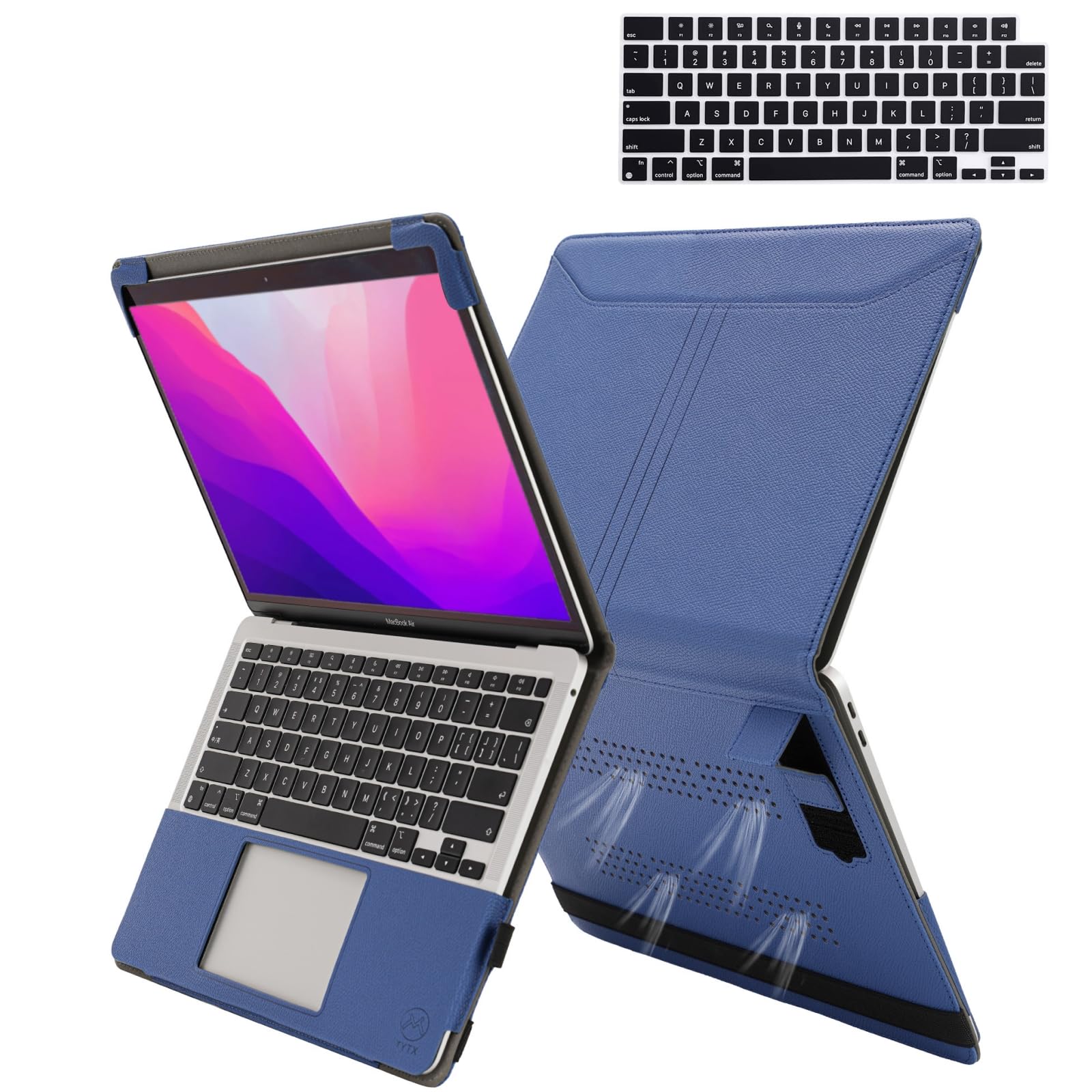 TYTX Compatible with MacBook Pro 14 Inch Leather Case 2021 A2442 M1 Pro / M1 Max with Heat-Vent and Stand Function, Laptop Sleeve Protective Cover with Keyboard Cover, Blue