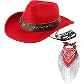 Cowboy Hat with Fringed Bandana Set for Women Wide Brim Western Cowgirl Hat Paisley Head Wrap Scarf