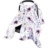 Jundetye Baby Car Seat Cover, Peekaboo Opening Spring Car Seat Canopy for Baby Girls Boys, Mom Nursing Breastfeeding Covers, Blanket for Infant, Purple Watercolor Flower
