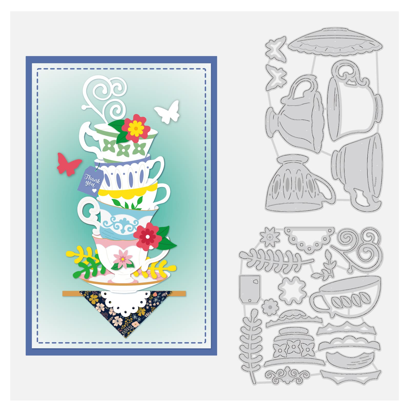 BENECREAT Tea Cup Frame Metal Die Cuts, ButterflY Flowers Cup Pattern Carbon Steel Cutting Dies Stencils for DIY Scrapbooking, Photo Album, Decorative Embossing, Paper Card