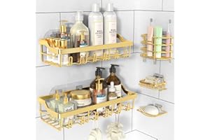 Hsiohe 5 Pack Shower Caddy, Adhesive Shower Organizer for Bathroom Storage, Rustproof Stainless Steel Shower Shelves, No Drilling, Large Capacity Shower Rack Shelf for Inside Shower, Gold
