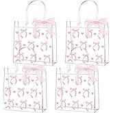 QOUBAI 12Pcs Pink Bow Clear PVC Gift Bags With Handles Ribbon Bowknot Bulk Coquette Bow Goodie Treat Candy Bag Bows Theme Present Wrap Tote Bags for Birthday Party Favor Baby Shower Decoration Supply