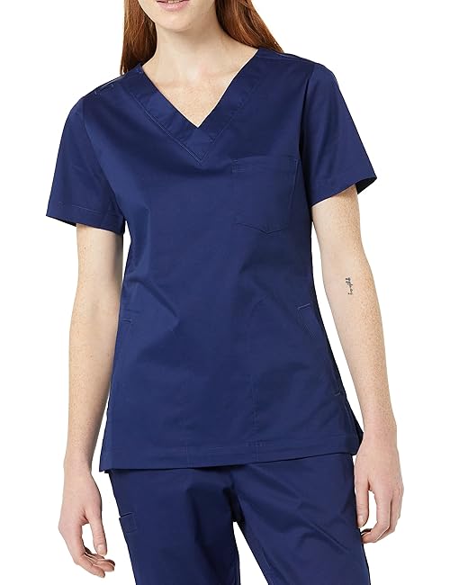 Amazon Essentials Women's Classic Fit V-Neck Short Sleeve Scrub Top (Available in Plus Size), Dark Blue, Small