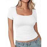 Womens Casual Basic Summer Autumn White Black Short Sleeve Square Neck T Shirts Slim Fit Plain Going Out Tees Y2k Plain Cute Sexy Crop Tops Tight Fitted Compression Baby Tee Shirts Trendy Clothes 2024