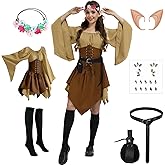 NFAUEIK 7PCS Women Elf Costume Renaissance Dresses Halloween Medieval Irish Dress Fairy Costume