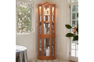 Eyisean Lighted Corner Curio Cabinet 70.5" Tall Wooden China Cabinet with Tempered Glass Doors, Freestanding Glass Display Case Wine Cabinet Storage Rack for Bar and Liquor Storage (Oak)