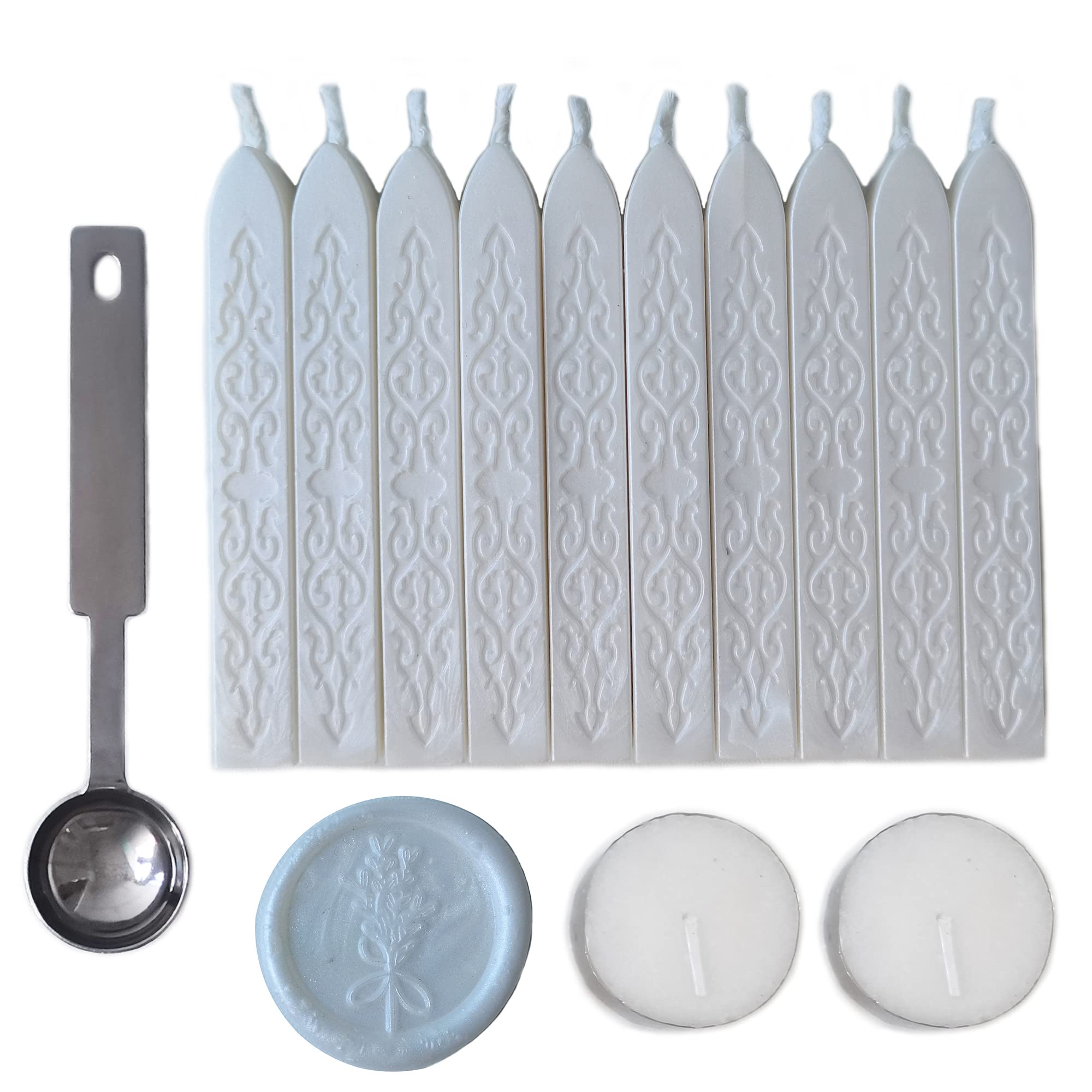 Sealing Wax Sticks with Wick, AMTOL 10 PCS Wax Seal Sticks with 2 Pcs White Candles and 1 Pcs Wax Melting Spoon, for Wedding Invitations,Cards Envelopes and Seal Stamp (Pearl White)