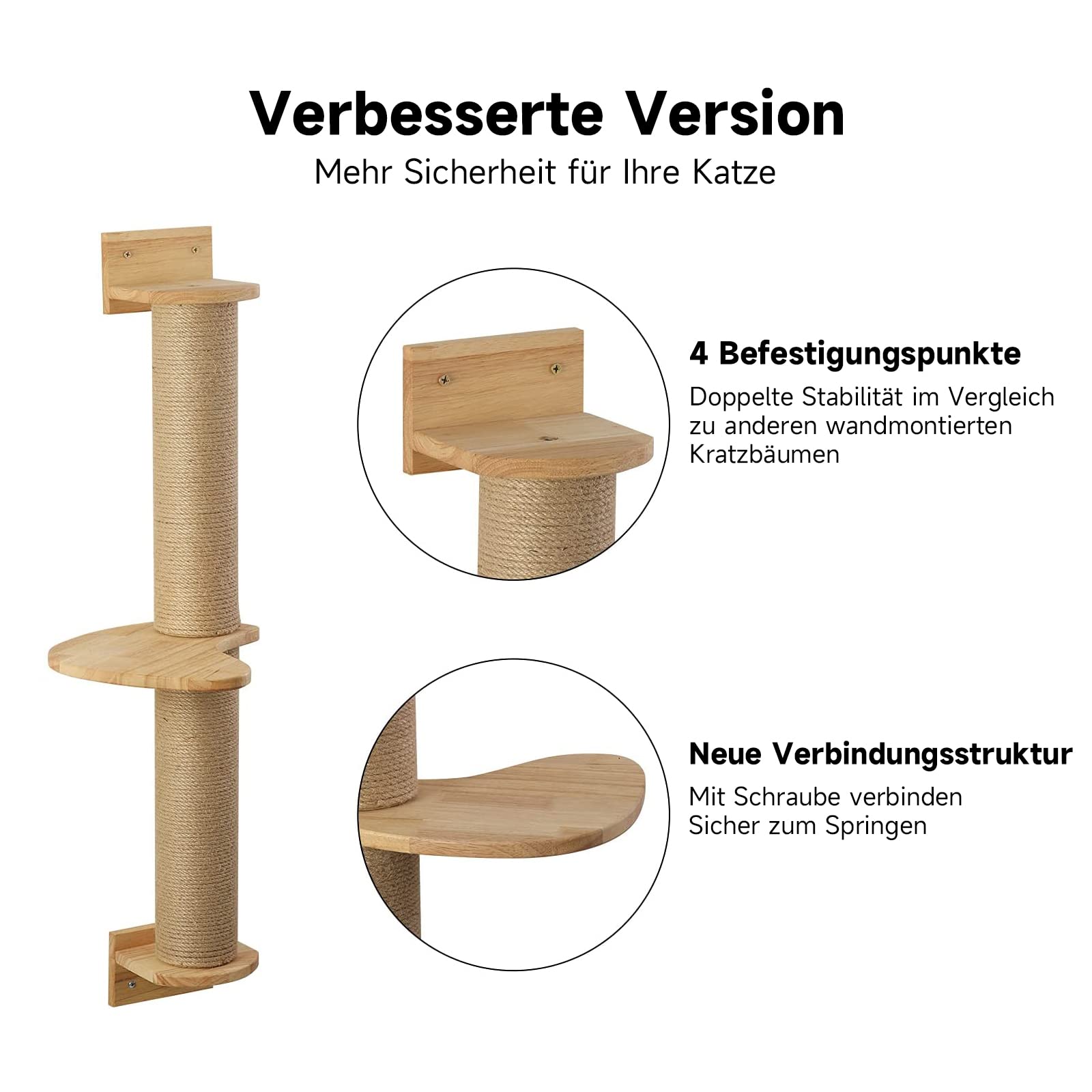 FUKUMARU Kletternwand Katzen, Kratzbaum für Katzen, 93cm hoch Katzenbaum mit Katzentreppe, Kratzpfosten aus Jute, Katzenkratzbaum aus natürlichem massivem Gummiholz 2
