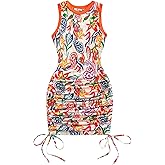 SOLY HUX Women's Summer Bodycon Mini Dresses Floral Print Ruched Sleeveless Vacation Beach Tank Dress