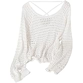 SweatyRocks Women's Crochet Sweaters Hollow Out Knitted Sheer Lightweight Scoop Neck Pullover
