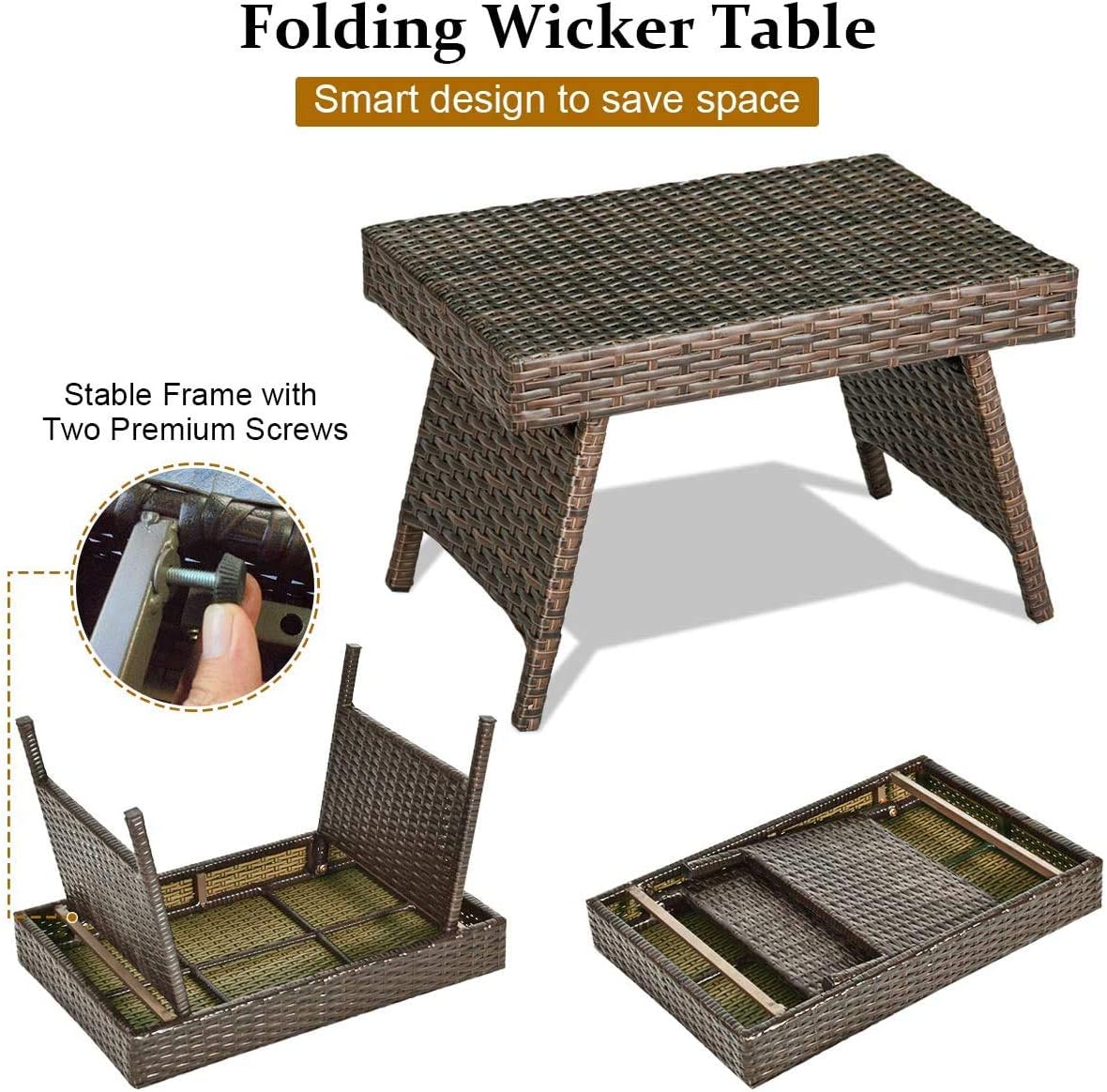 GOFLAME Wicker Table Patio Outdoor Poolside Garden Lawn Bistro Foldable Portable Leisure Standing Coffee Side Table, Espresso Brown: Kitchen & Dining