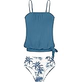 DONWEN Girls Blouson 2 Piece Tankini Swimsuits Loose Fit Modest Swimming Suit for Girls Side Tie Bathing Suit for 9-16 Years