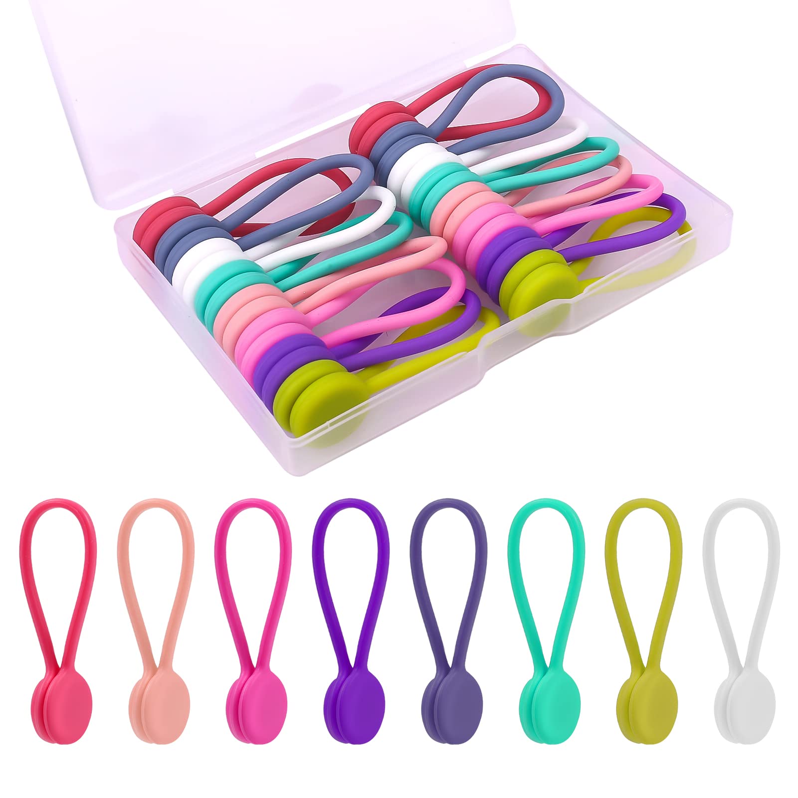 16pcs Magnetic Cable Ties, Cord Ties Silicone Cable Ties Reusable Cord Organizers Cable Straps for Cords Charging Earphone Travel Appliance Electrical Cords Desk (8 Colors)
