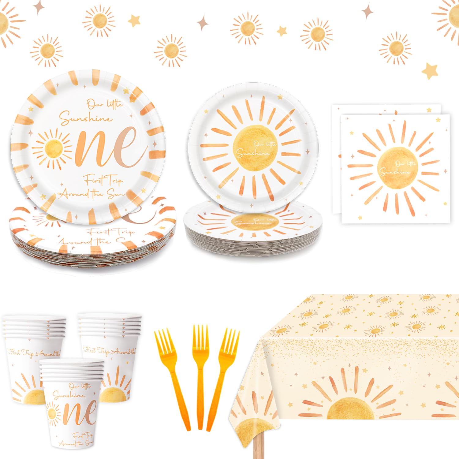 Photo 1 of First Trip Around the Sun 1st Birthday Decorations Bohemian Hippie Sunshine Theme Party Tableware Includes Paper Plates Cups Napkins Forks Tablecloth for Baby Shower Party, Serves 24