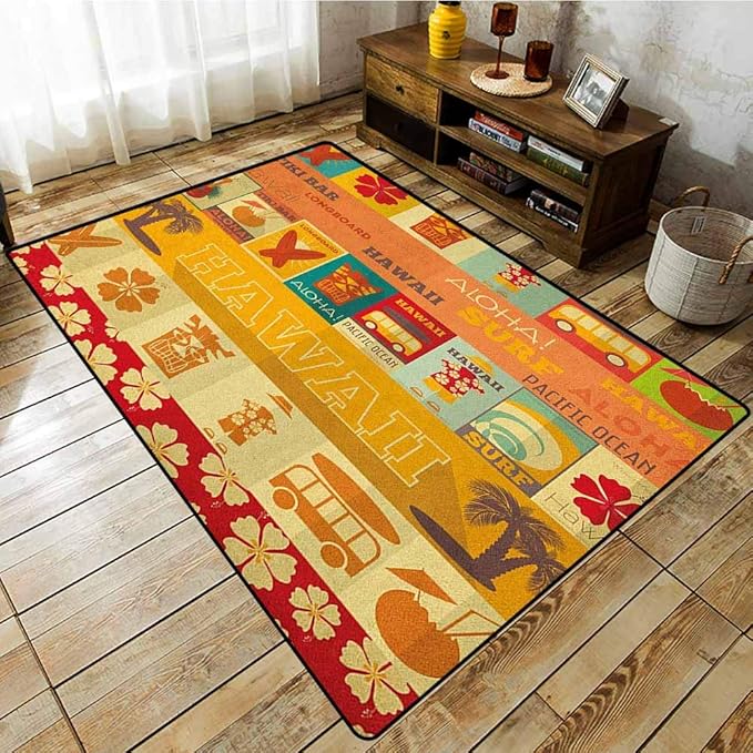 SkidResistant Rug,Tiki Bar,Retro Travel Cards Collection Holiday in