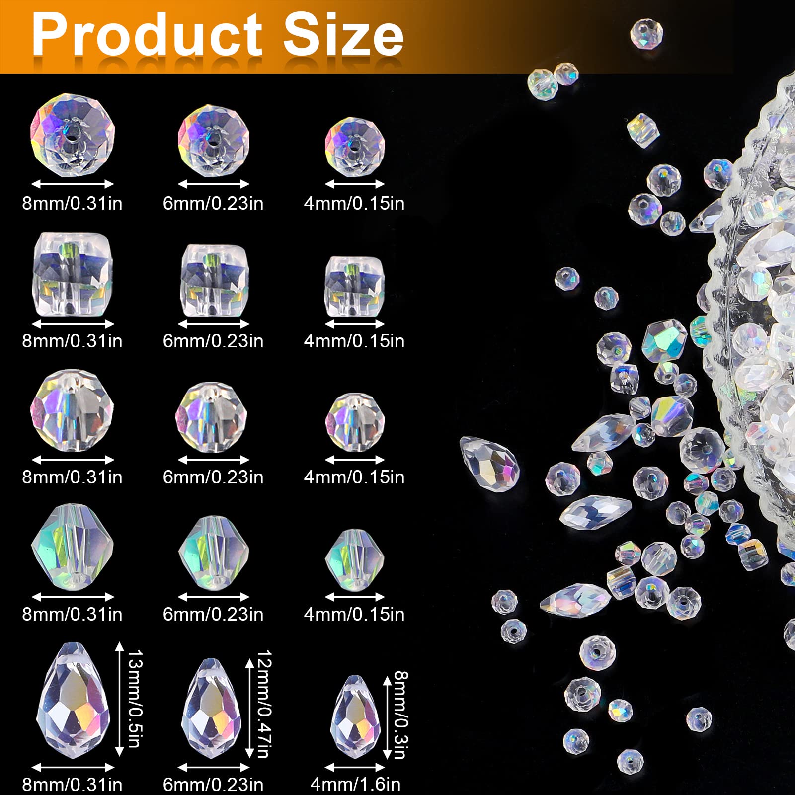 600 Pcs Glass Beads for Jewelry Making, Assorted Crystal Rondelle Beads with Box - 4/6/8mm, AB Color