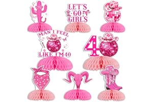 Funmemoir Disco Cowgirl 40th Birthday Honeycomb Centerpieces, 8PCS Double Sided Hot Pink Man I Feel like I'm 40 Let’s Go Girl