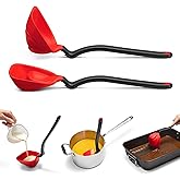Dreamfarm Fladle Fold-Flat Silicone Ladle with Scraping Tip - Red | Foldable serving and cooking soup ladle, measures 1/2 cup, sit-up squeegee head, rests on pot edge, space-saving storage, 12"