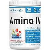 PEScience Amino IV BCAA & EAA Powder, Essential Amino Acids, Taurine, Electrolytes for Hydration and Muscle Recovery, Sugar Free for Men & Women, Post Workout - Strawberry Lemonade - 30 Servings