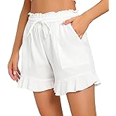 BCOFUI Womens Linen Shorts Summer Casual High Wasited Ruffle Wide Leg Drawstring Beach Loose Shorts