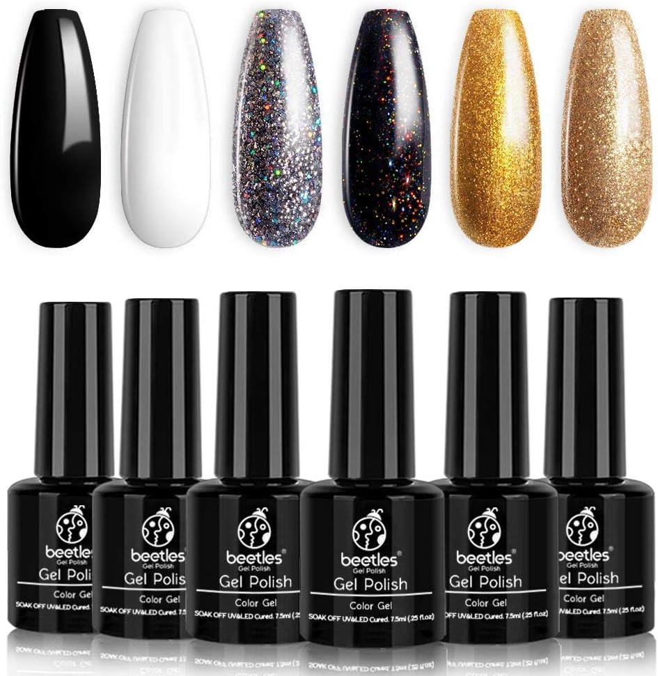 Beetles Black Gold Glitter Gel Nail Polish Set - 6 Colors White Silver Rose Glitter Gel Polish Kit Soak Off Nail Gel Kit, 7.3 ml Each Bottle Christmas Gel Nail Art New Year Holiday Gifts Box : Beauty