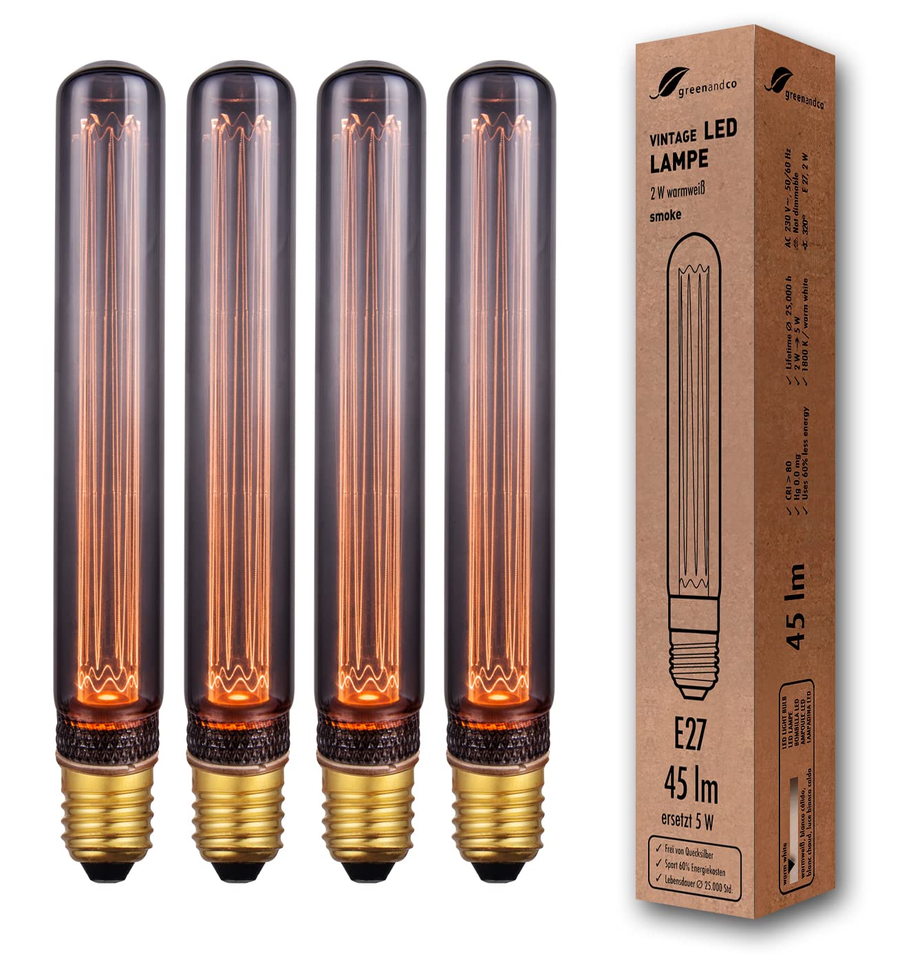 greenandco 4X Decorative LED Vintage Light Bulb | E27 T30 | Smoke | 2W 45lm | 1800K Extra Warm White | 320° | 230V | Flicker Free | Not Dimmable