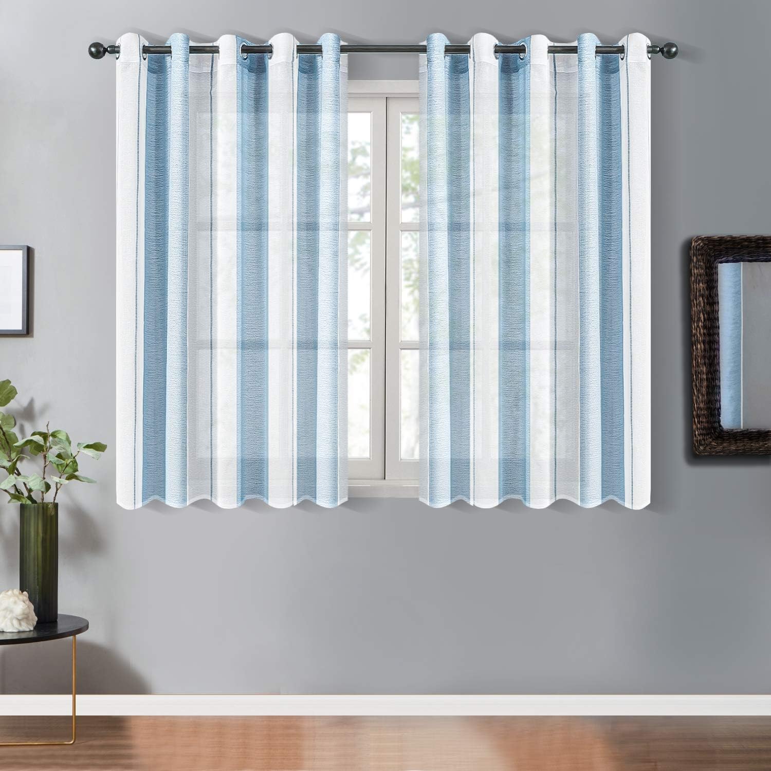 Topfinel Blue Voile Curtains Striped 72 Drop 2 Panels Eyelet Sheer