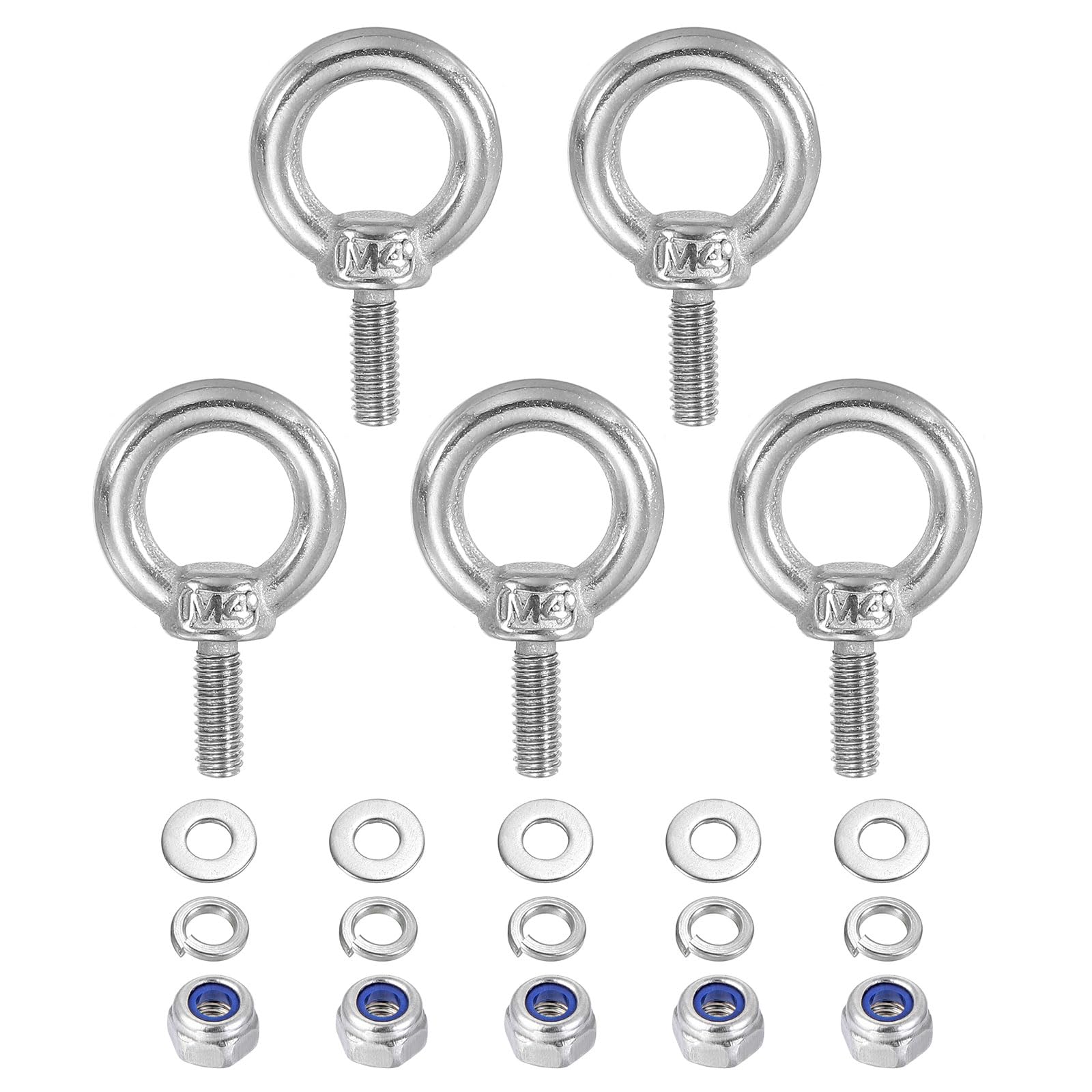 PATIKIL M4 x 10mm Lifting Shoulder Eye Bolt, 5Pcs 304 Stainless Steel Lifting Ring Threaded Eyebolt with Nuts Washers for Hanging Hammocks Articles