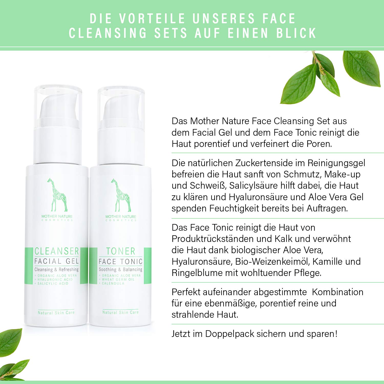 Gesichtsreinigungs-Set mit Bio-Aloe Vera und Hyaluronsäure - NATURKOSMETIK VEGAN – 2 x 125 ml by Mother Nature Cosmetics – Waschgel und Gesichtswasser für normale Haut, Mischhaut und unreine Haut
