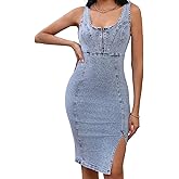 Estzc 2025Women's Denim Dress Sleeveless Side Slit Bodycon Midi Jean Dress Stretchy Sexy V Neck Summer Dresses for Women