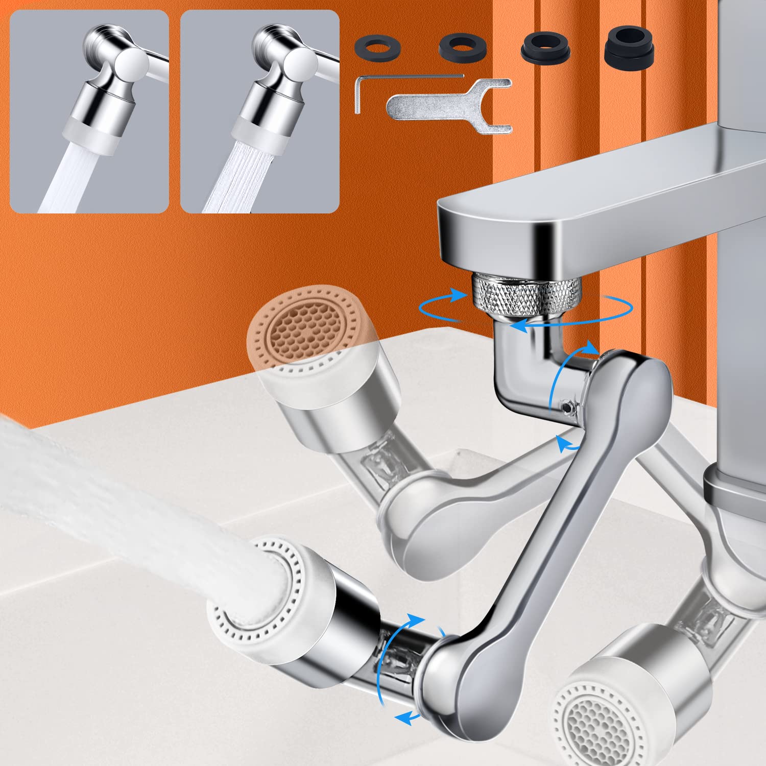 SELORSS 1080° Swivel Tap Aerator, Solid Brass Rotatable Faucet Extender, Universal Splash Filter Faucet with 2 Water Outlet Modes for Kitchen & Bathroom - Polished Chrome (2 Modes)