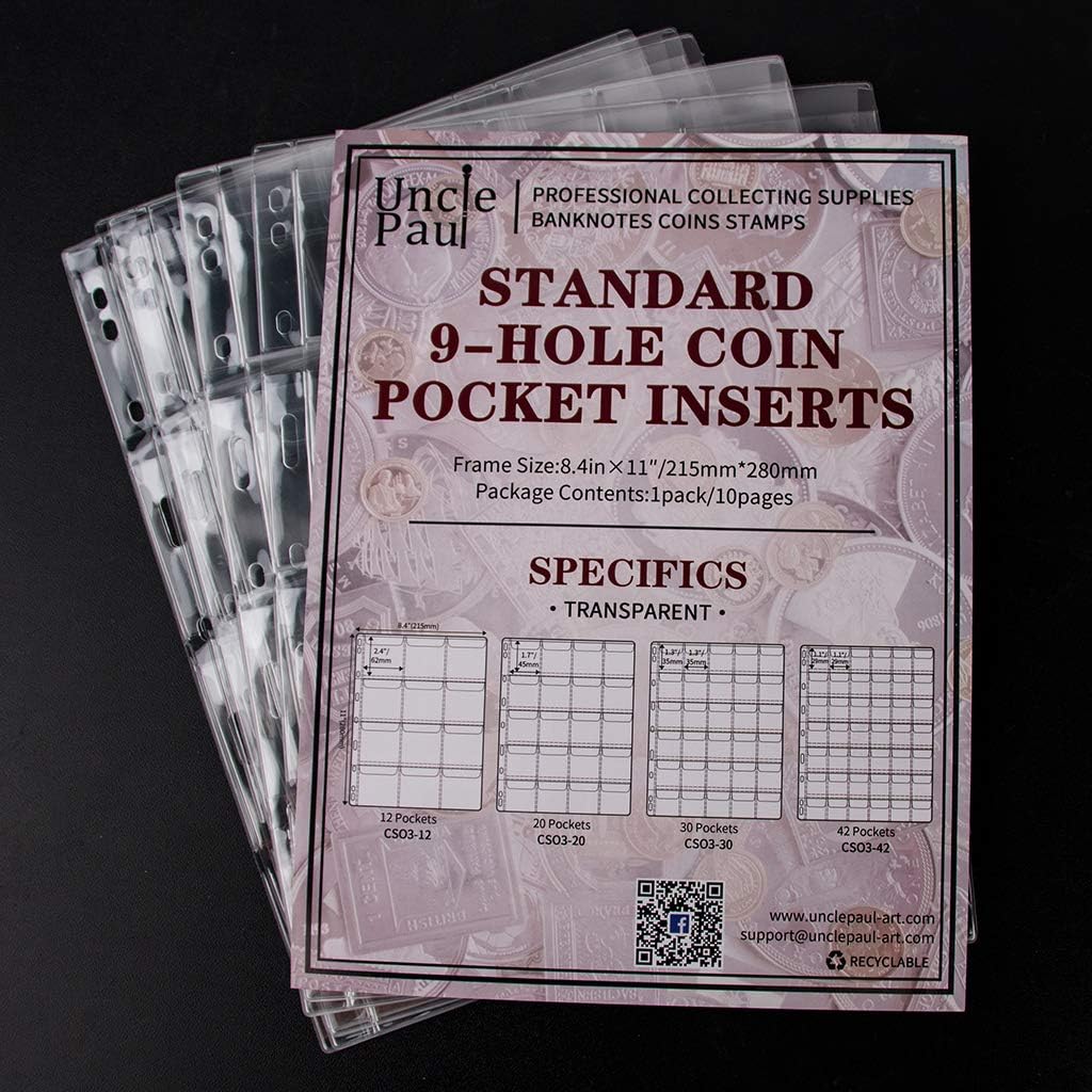 Uncle Paul Coin Collecting Pages 5 Sheets 12 Pockets Standard 9Hole Coin Pocket Inserts Collecting Sleeves for Coins CS03512: Toys & Games