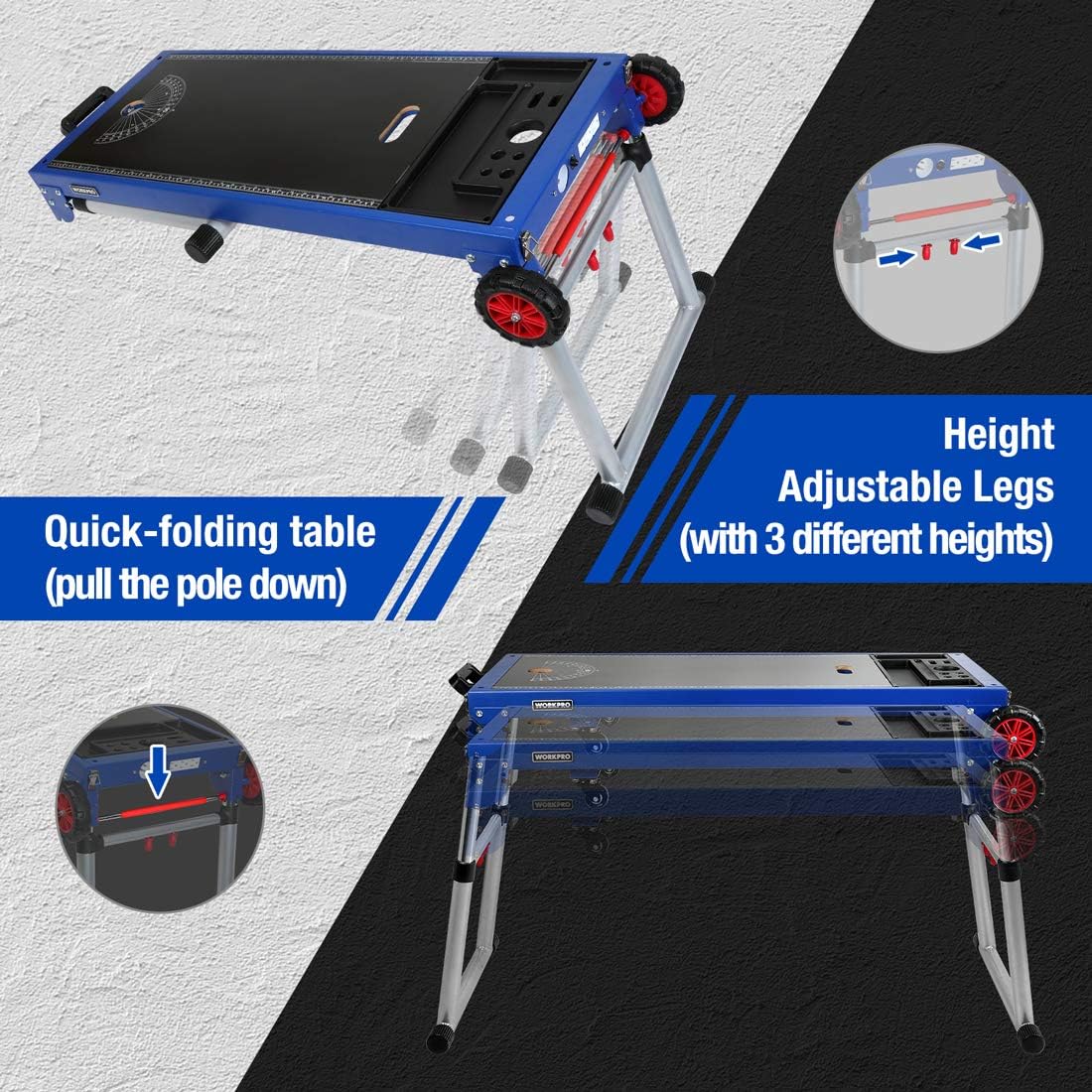 WORKPRO Work Bench, 4-In-1 Portable Workbench, Quick Folding Work Table with Detachable Miter Saw Stand and Height Adjustable Legs, Work as Scaffold/Dolly/Creeper/Platform for Woodworking Tools - - 