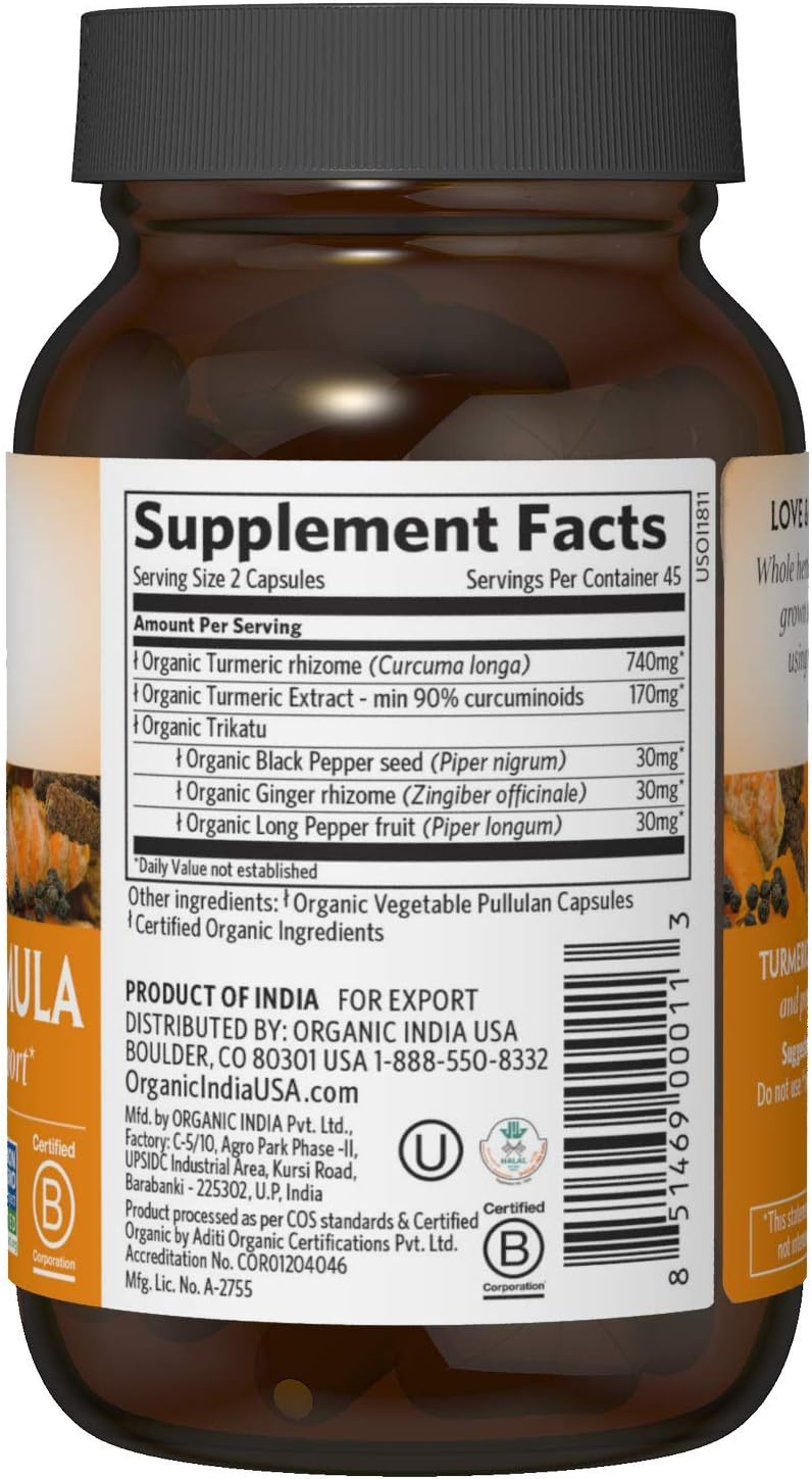 Organic India Turmeric Herbal Supplement - Joint Mobility & Support, Immune System Support, Healthy Inflammatory Response, Whole Root Supplement, USDA Certified Organic, Non-GMO - 90 Capsules: Health & Personal Care