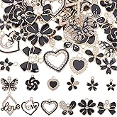 SUNNYCLUE 1 Box 48Pcs 12 Styles Black Enamel Charms Bowknot Charms Rhinestone Metal Alloy Heart Butterfly Love Charm for Jewelry Making Charms DIY Keychain Bracelet Earrings Necklace Valentine's Day