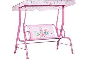 Outsunny 2-Seat Kids Porch Swing Chair, Children Outdoor Patio Furniture Lounge Chair for Garden, with Adjustable Canopy, Sea