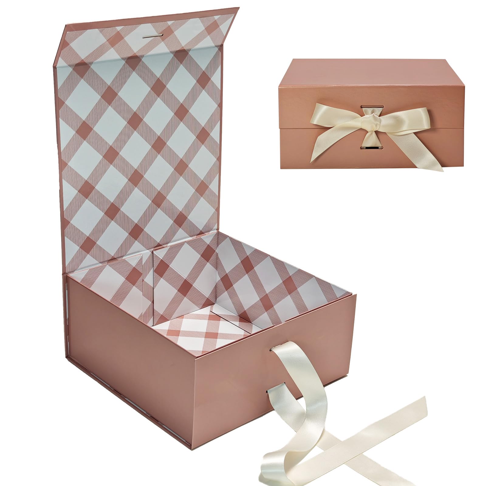 Tekhoho Rose Gold Gift Box 22x22x10cm, Premium Present Box with Magnetic Lid and Ribbon for Holidays Wedding Birthday Gift Packaging, Plaid Lining