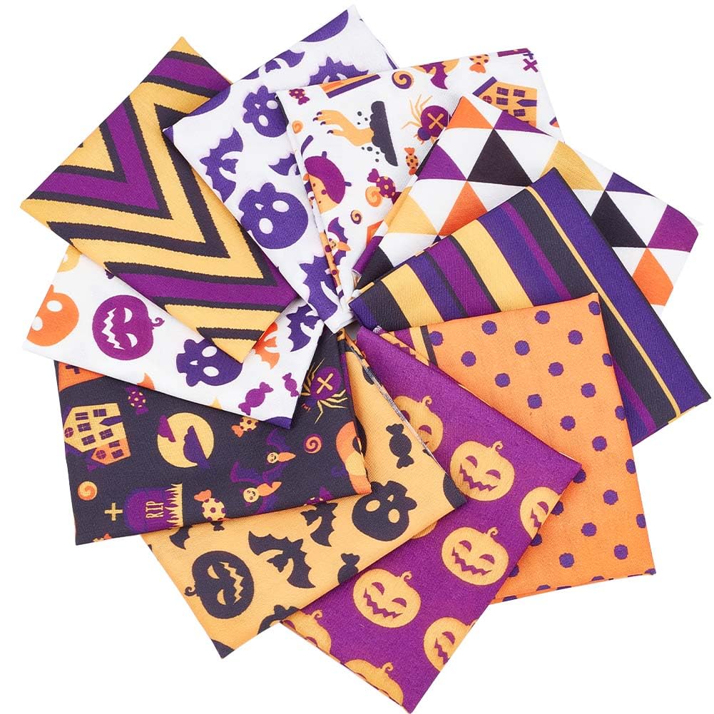 GORGECRAFT 10 Styles Halloween Cotton Fabric Fat Quarter Fabrics Bundles Precut Patchwork Multi-Color Ghost Skulls Dots Pattern Cloths Sheets for Sewing Crafts DIY Decorations