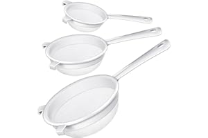 SKYLEY 3 Pcs Plastic Nylon Mesh Strainer Colander with Handle Double Ear Fine Food Mesh Strainer Flour Sifter for Baking Kitchen Strainer Kefir Tea Juice Pasta Strainer (3 Inch, 4 Inch, 5.5 Inch)