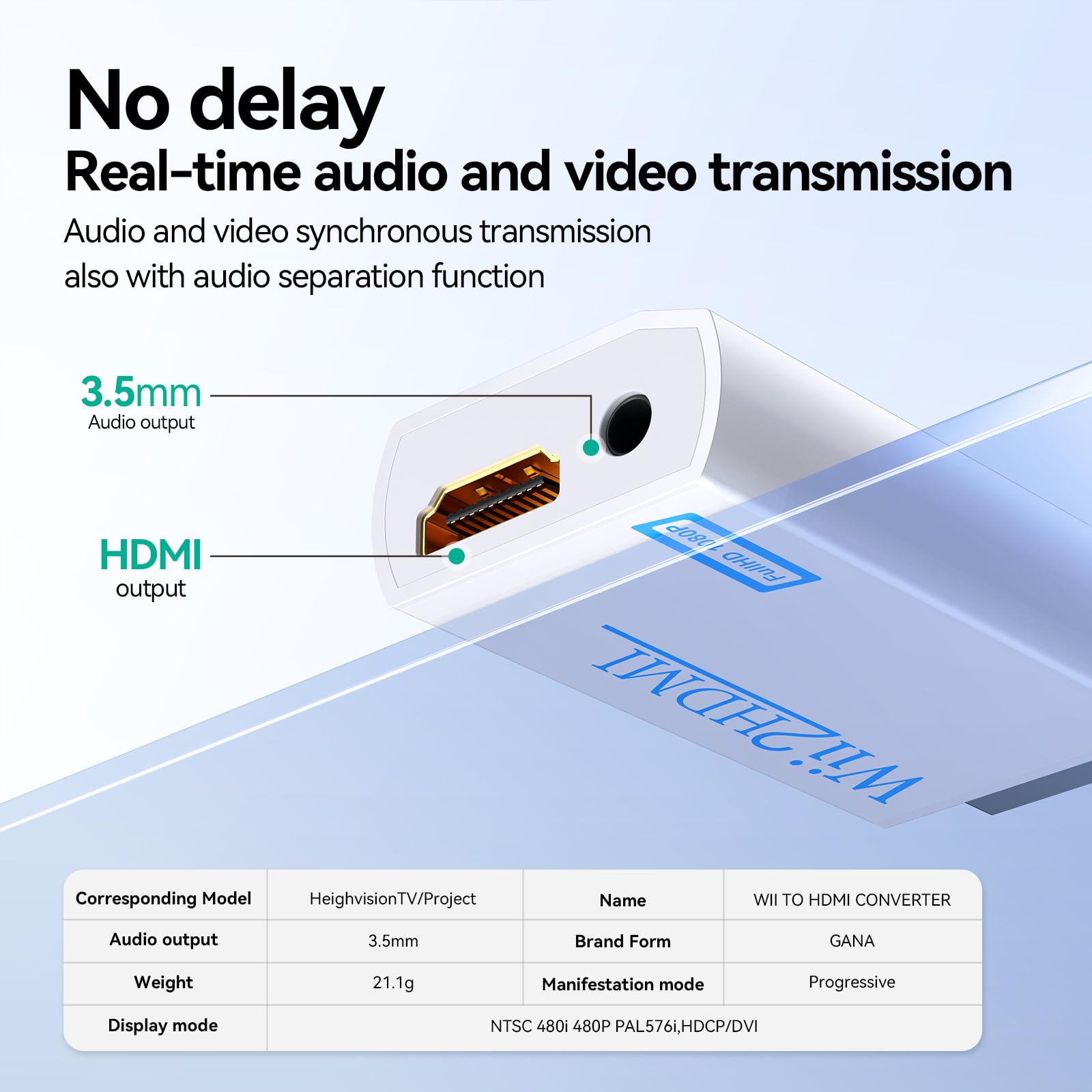 GANA Wii to hdmi Converter, wii to hdmi Adapter, 1080p 720p Connector Output Video & 3.5mm Audio - Supports All Wii Display Modes (wii to hdmi White)