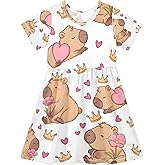 OREZI Girls' Summer Dress Short Sleeve Capybara Crown Heart Pattern Casual Dress Princess Dresses