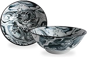 Mino ware Japanese Pottery Pair Ramen Noodle Donburi Bowl (set of two) made in Japan KND204 (Dragon & Mt. Fuji Black)