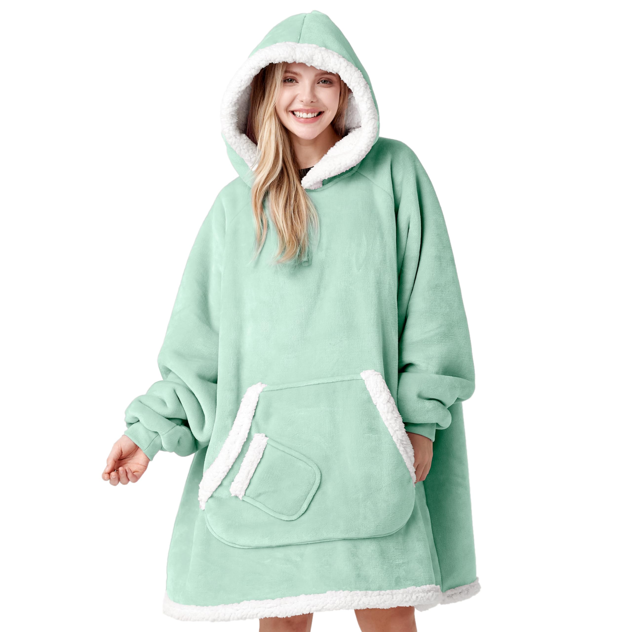 Giggling Getup Wearable Blanket Hoodie for Women Men Gifts for Women Mom Wife Sherpa Fleece Hooded Blanket Sweatshirt Cozy Sherpa Wearable Throw with Pocket & Sleeves for Adult Standard Light Green Image