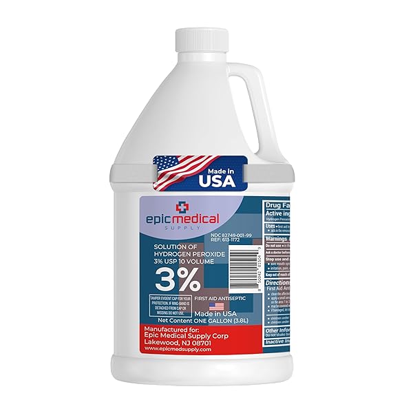 EPIC MEDICAL SUPPLY 3% HYDROGEN PEROXIDE – FIRST AID ANTISEPTIC & MULTIPURPOSE CLEANER – TOPICAL WASH FOR CUTS, SCRAPES AND MINOR CUTS – H2O2 HYDROGEN PEROXIDE 3 PERCENT USP SOLUTION (1 GALLON)